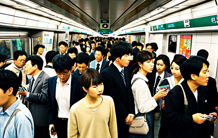 **A bustling Seoul subway station during rush hour. Focus on the diverse crowd of people using T-money cards to quickly swipe through the gates. Emphasize the modern and efficient atmosphere of the public transportation system.**